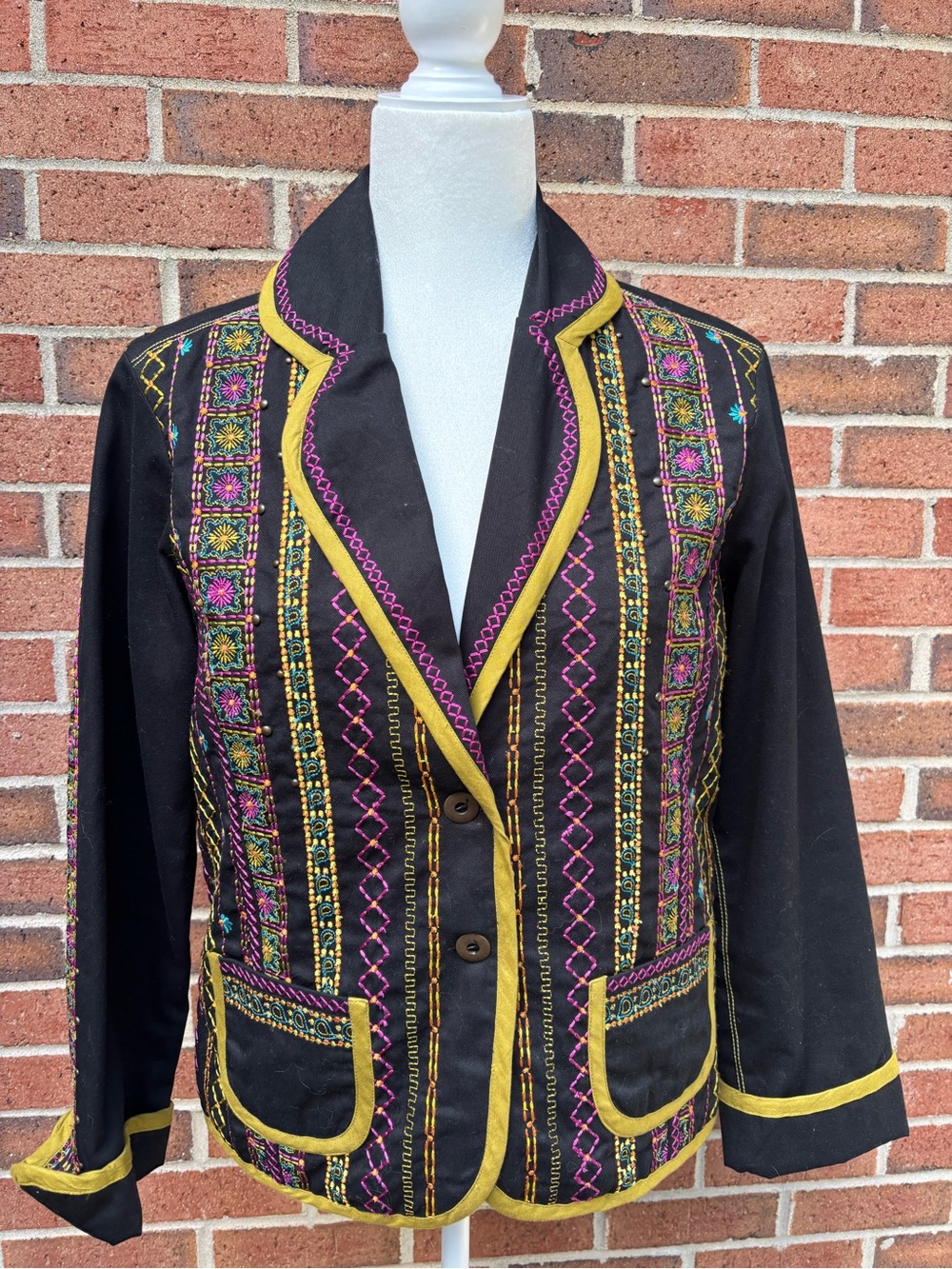Vintage A La Carte Small Embroidered Boho Art-to-Wear Jacket Black Multicolor